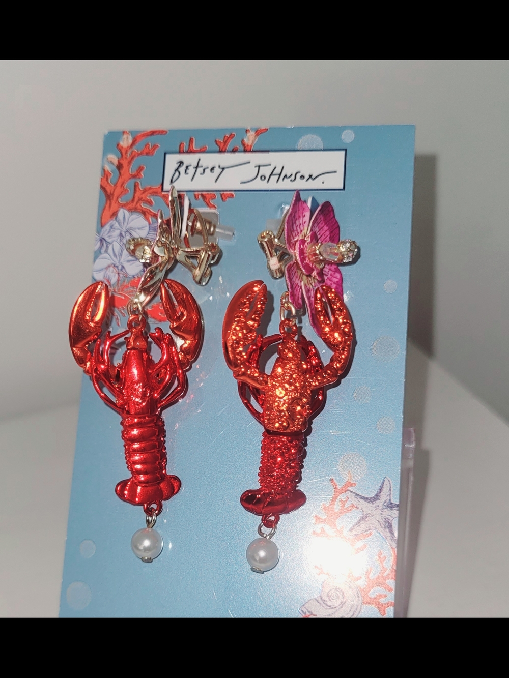 Betsey Johnson Metallic Red Lobster Pearl Drop Clip-On Earrings